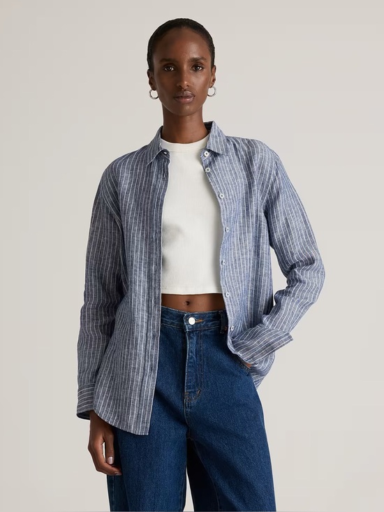 Quince Tops - Quince 100% European Linen Button Front Shirt Blue White Stripe Size M